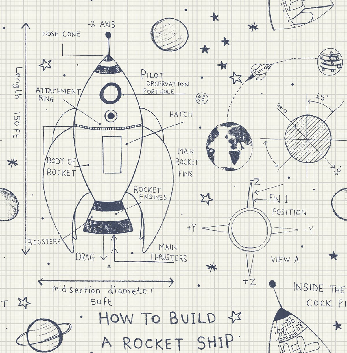 Rocket Ship Wallpaper by Seabrook Designs (Day Dreamers Collection)
