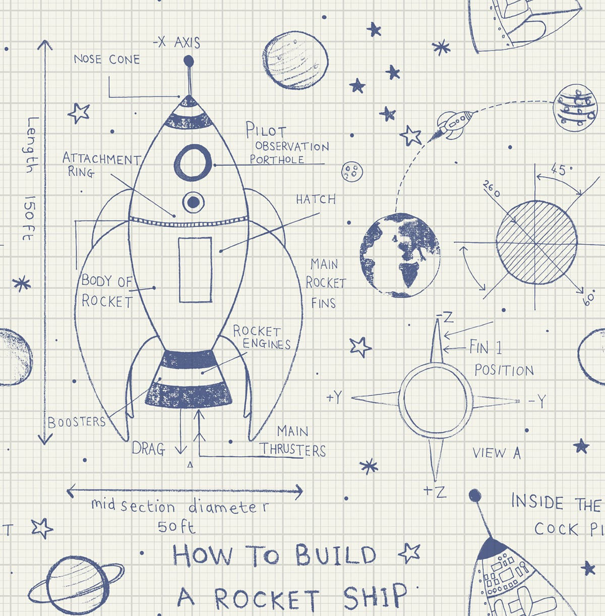 Rocket Ship Wallpaper by Seabrook Designs (Day Dreamers Collection)