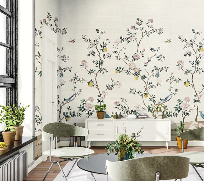 Blossom Mural on Grasscloth - Daisy Bennett Mural Collection