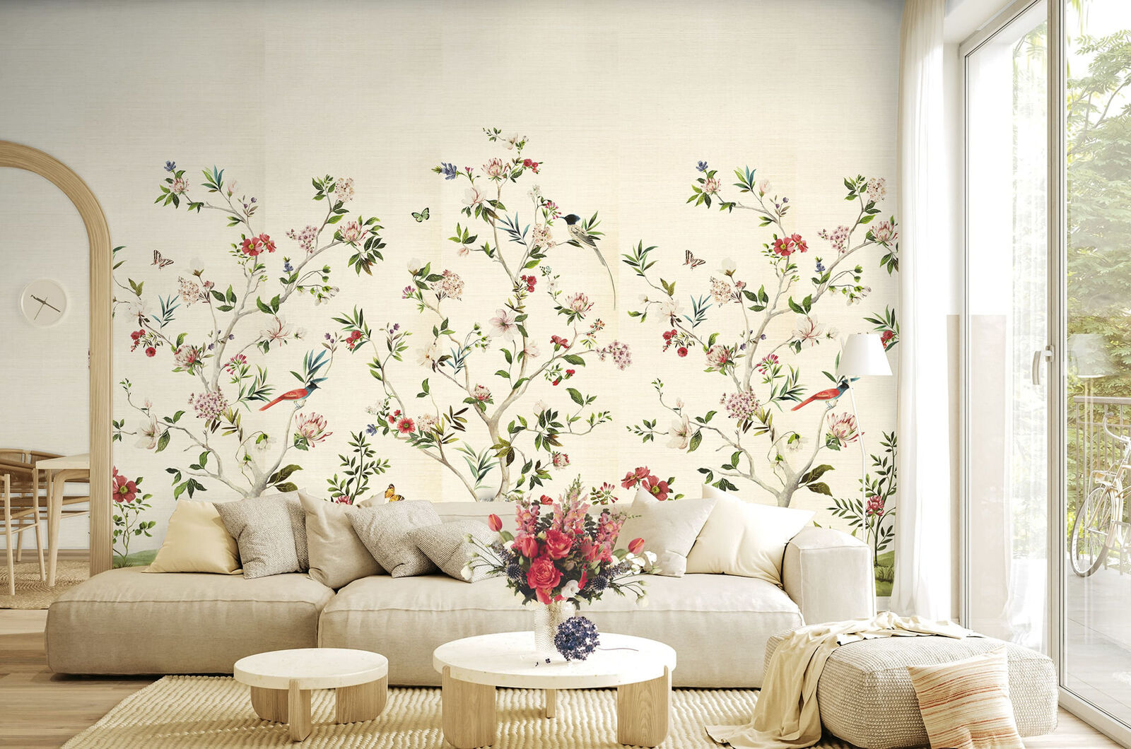 Chinoiserie Magnolia Mural on Grasscloth - Daisy Bennett Mural Collection
