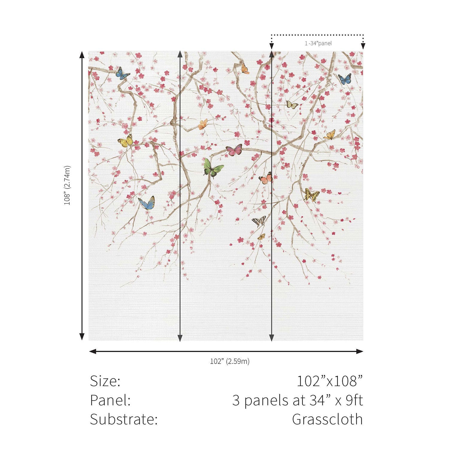 Butterfly Delight Mural in Grasscloth - Daisy Bennett Mural Collection