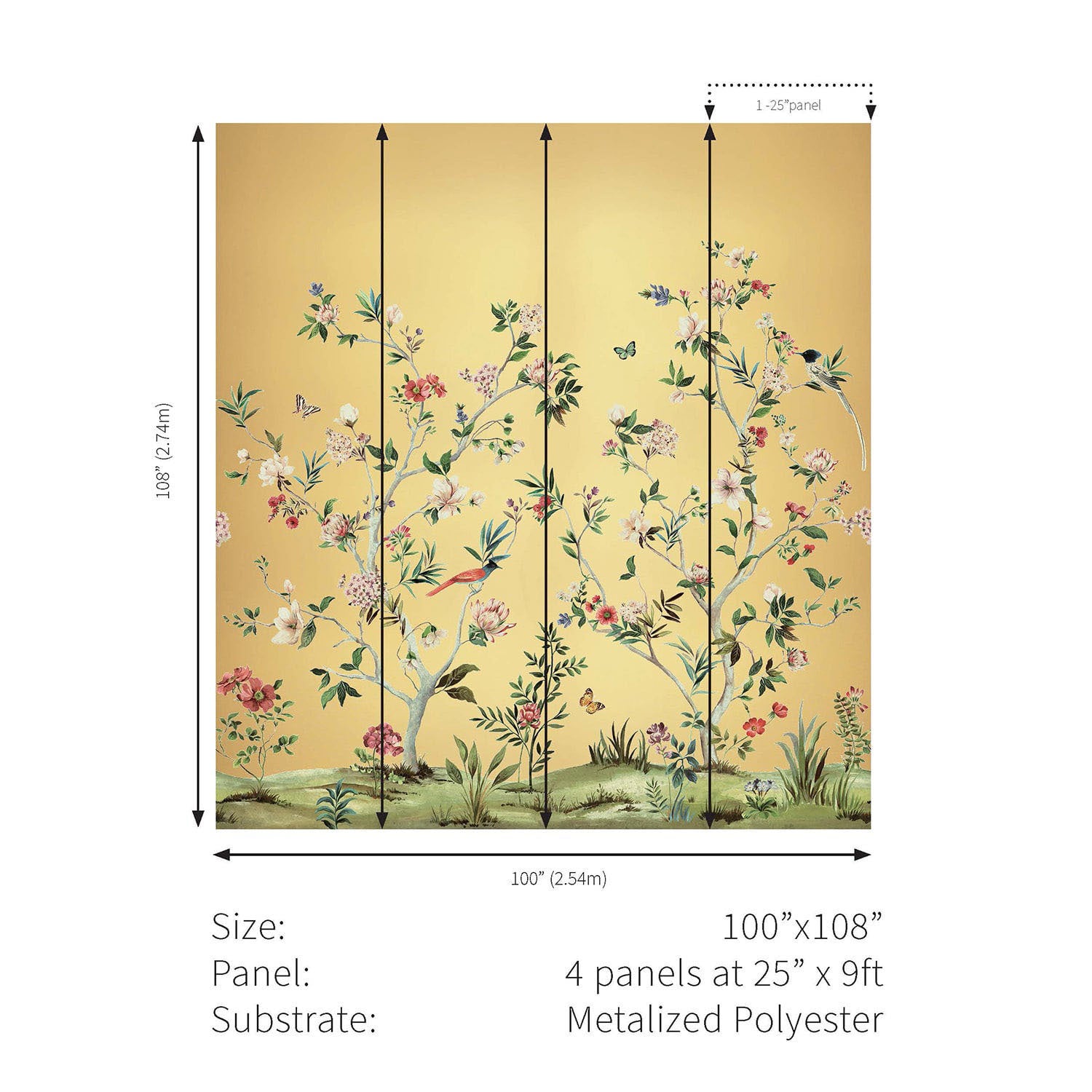 Chinoiserie Magnolia Metalised Mural- Daisy Bennett Mural Collection