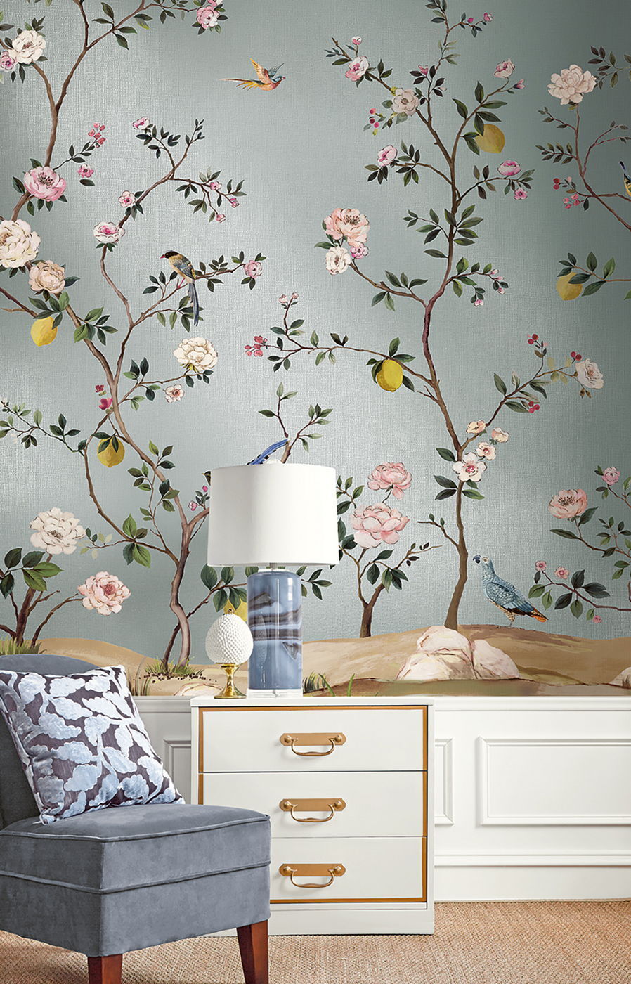 Blossom Mural on Metalized Linen - Daisy Bennett Mural Collection