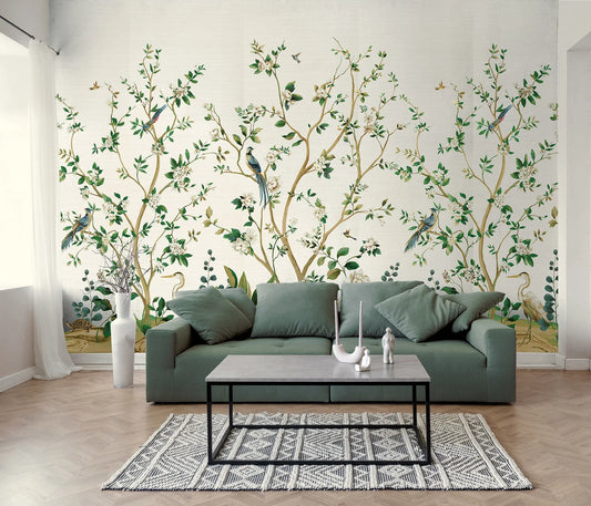 Heron Botanical Mural on Grasscloth - Daisy Bennett