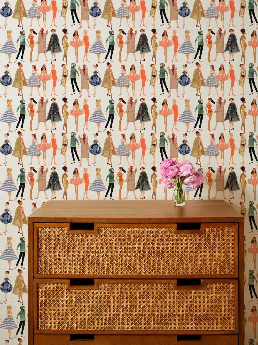 Vintage Illustration Grasscloth Wallpaper