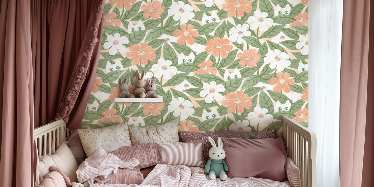 Whimsical Botanical Fun Cat Mural by HappyWall