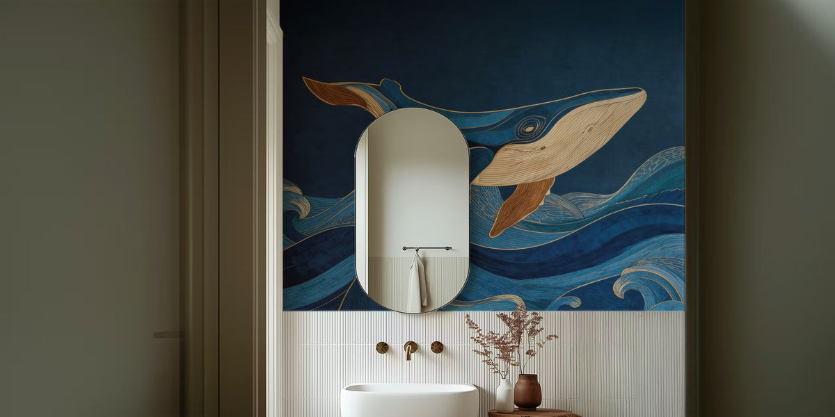 Humpback Whale With Woodgrain Indigo Waves  Mural by HappyWall