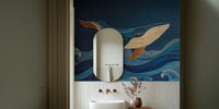 Humpback Whale With Woodgrain Indigo Waves  Mural by HappyWall