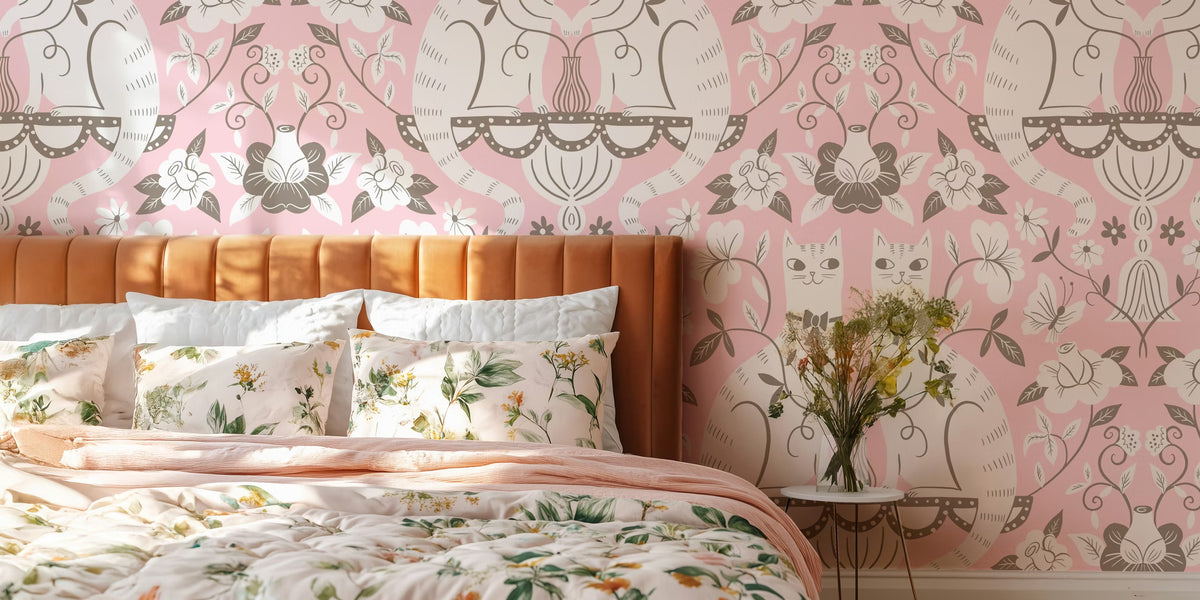 Damask Romantic Cats Mural by HappyWall