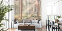 Misty Forest With Sunrays Mural by HappyWall