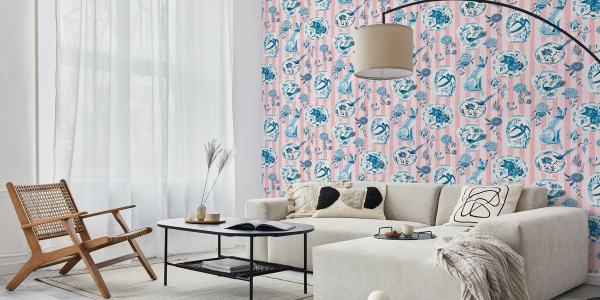 Chinoiserie Porcelain on Rose Stripes Mural by HappyWall