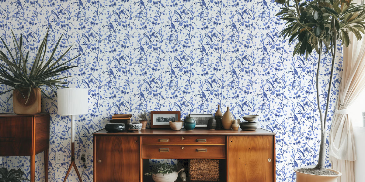 Nordic Chinoiserie Whispers Blue Birds Mural by HappyWall