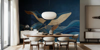 Humpback Whale With Woodgrain Indigo Waves  Mural by HappyWall