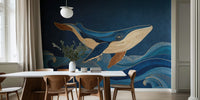 Humpback Whale With Woodgrain Indigo Waves  Mural by HappyWall