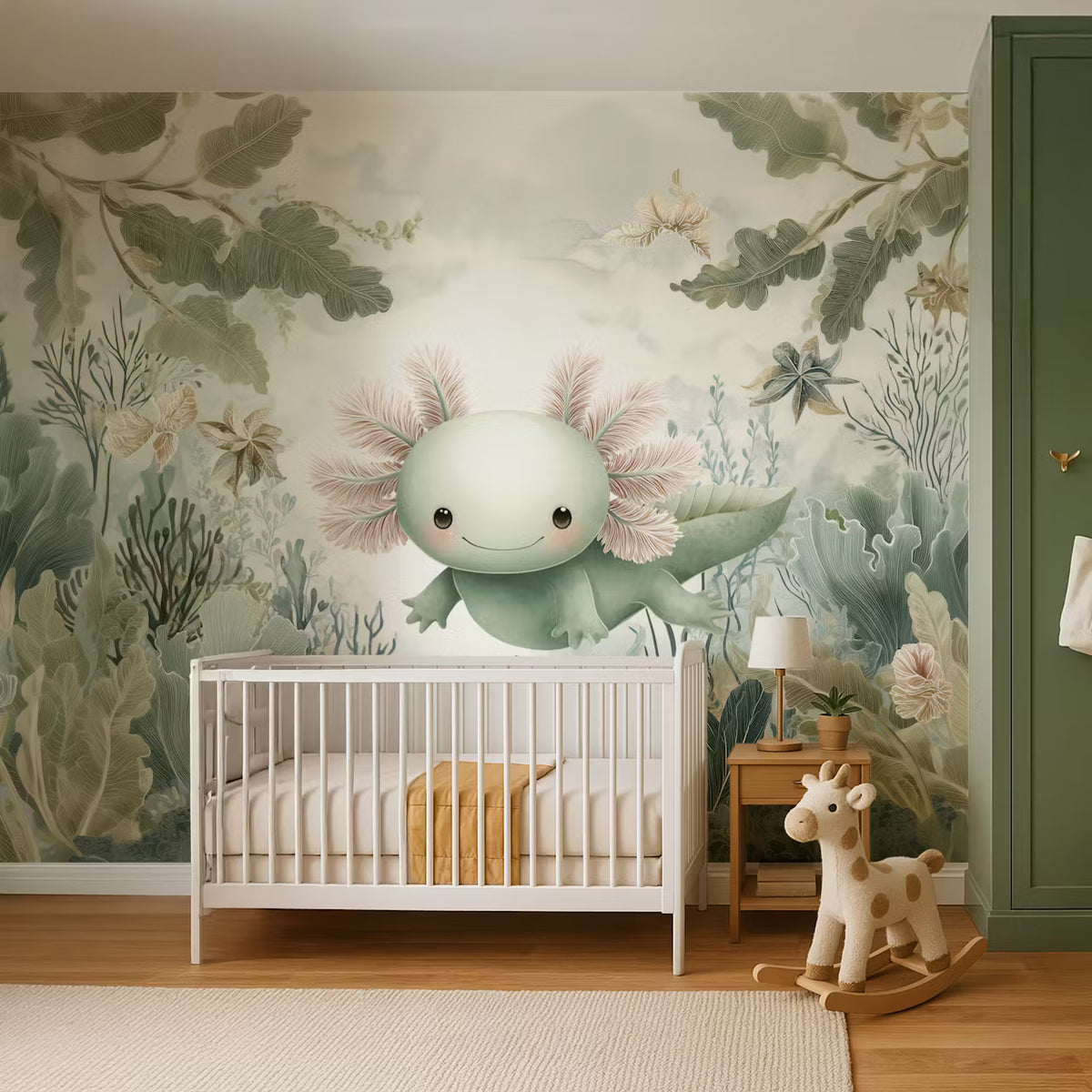 Dreamy Axolotl Oasis Green Mural by HappyWall