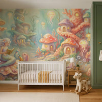 Whimsical Mermaid Village Mural by HappyWall