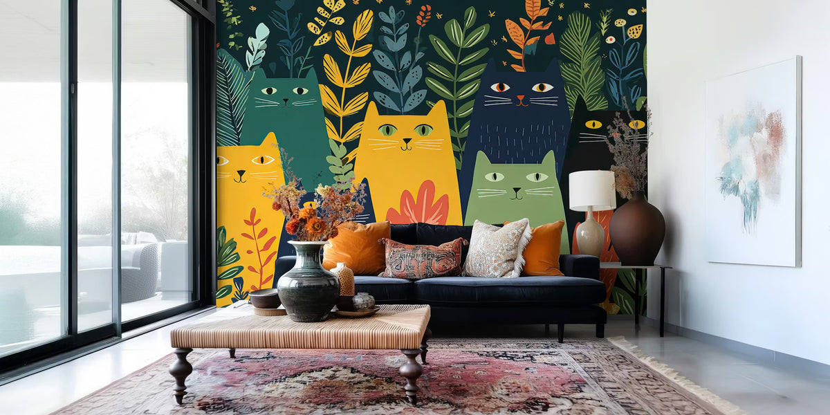 Colorful Feline Forest Mural by HappyWall