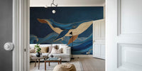 Humpback Whale With Woodgrain Indigo Waves  Mural by HappyWall