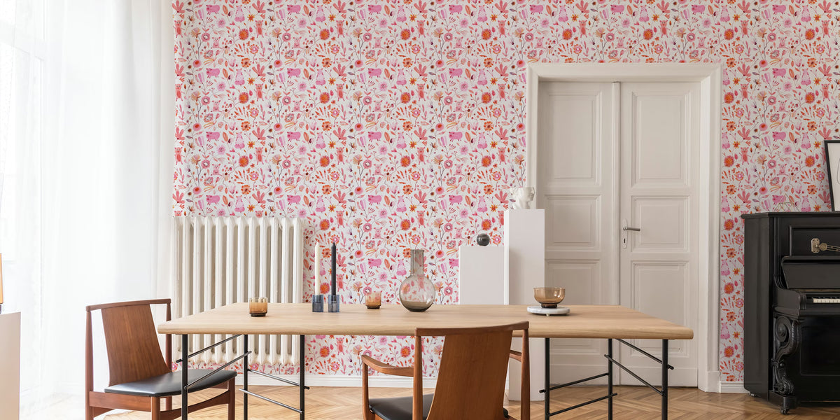 Little Pigs and Florals in Pink Mural by HappyWall