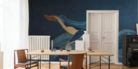 Humpback Whale With Woodgrain Indigo Waves  Mural by HappyWall