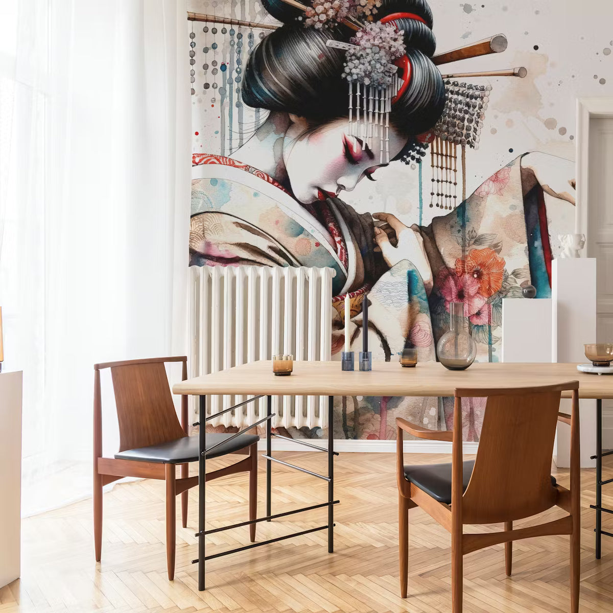Modern Geisha Dancer With Floral Kimono Mural by HappyWall