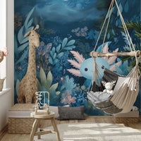 Dreamy Axolotl Oasis Blue Mural by HappyWall