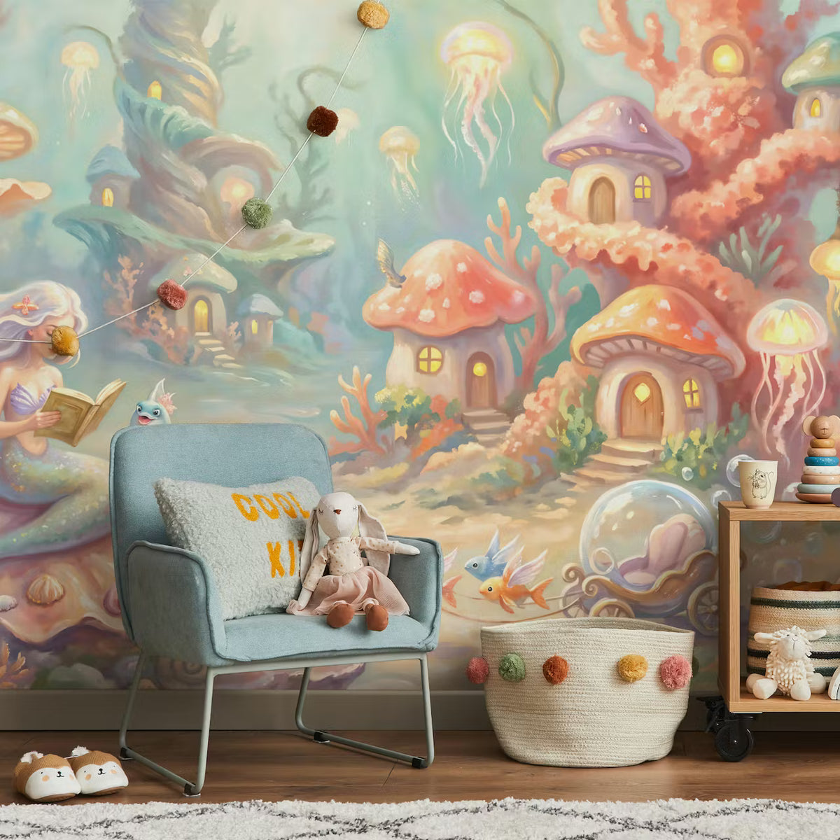 Whimsical Mermaid Village Mural by HappyWall