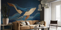 Humpback Whale With Woodgrain Indigo Waves  Mural by HappyWall