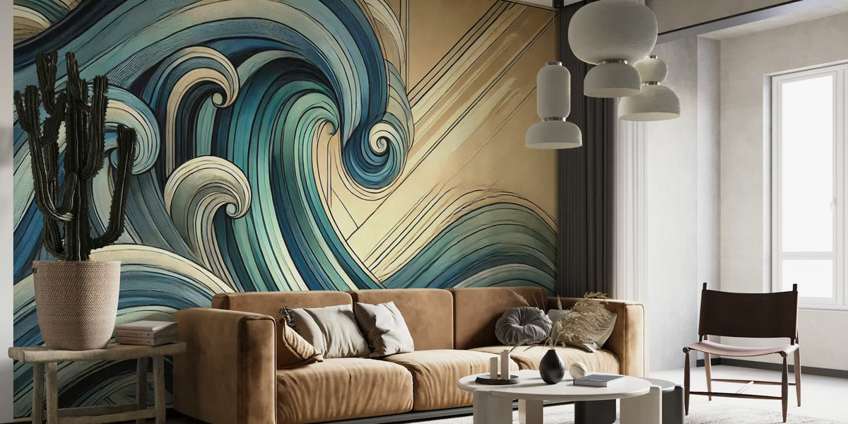 Abstract Ocean Waves in Art Deco Mural by HappyWall