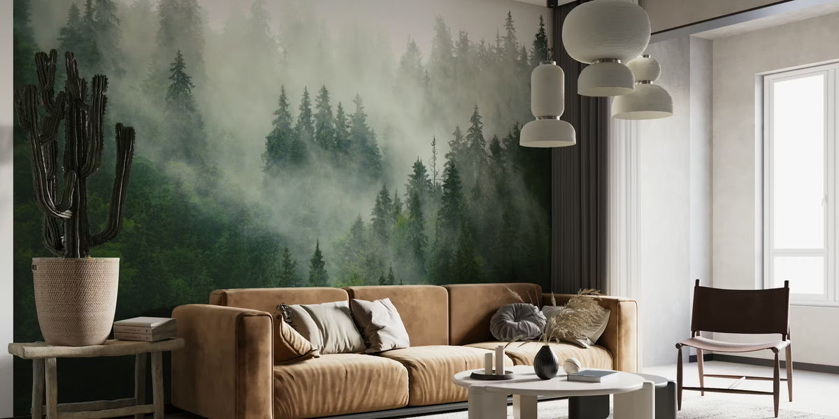 Misty Forest Green Mural by HappyWall