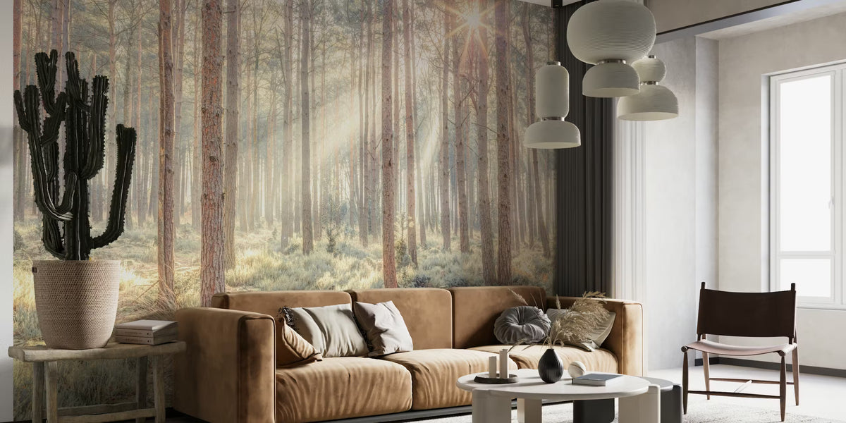 Misty Forest With Sunrays Mural by HappyWall