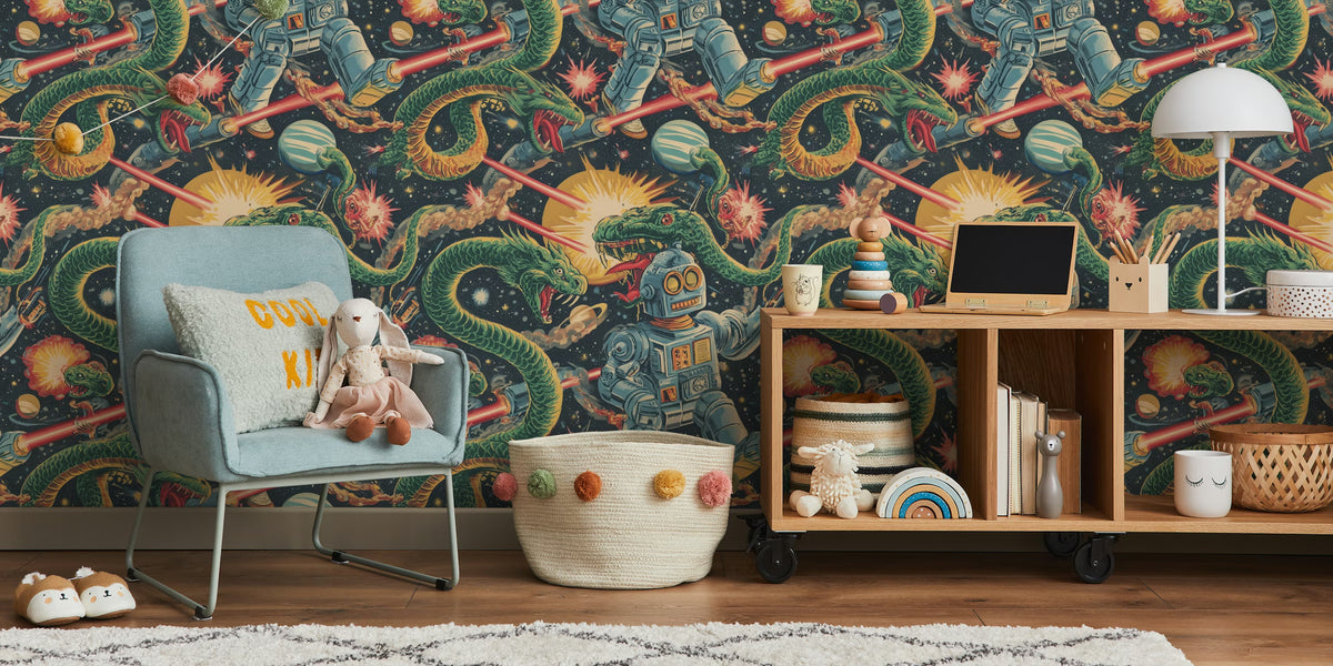 Cosmic Robot vs Dragons Mural by HappyWall