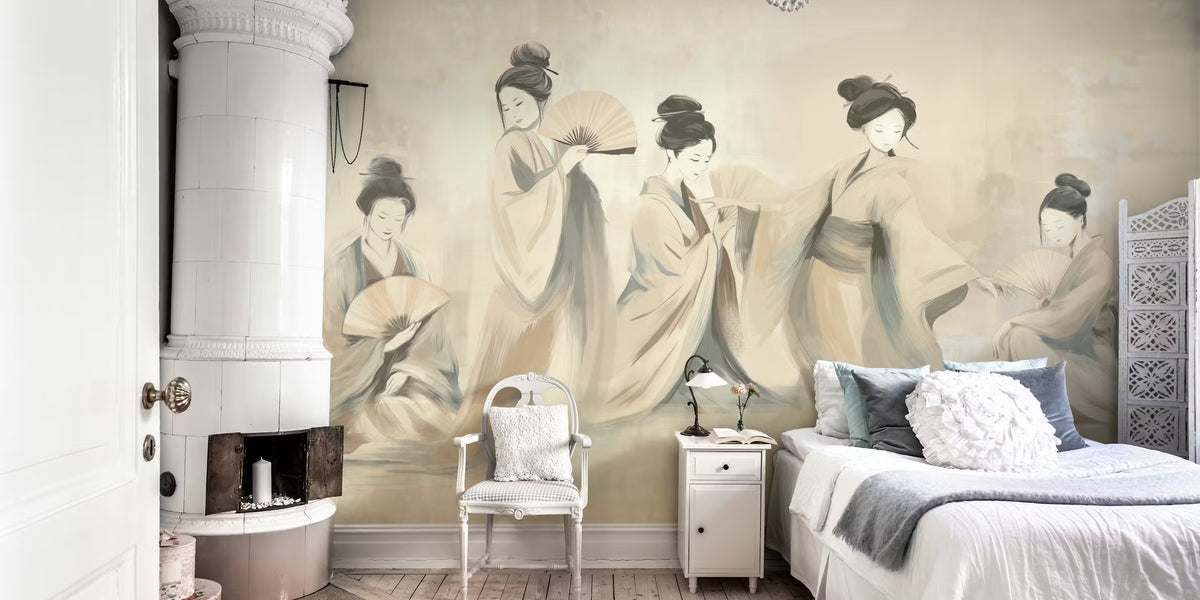 Elegant Geisha Dancers with Fans Mural by HappyWall