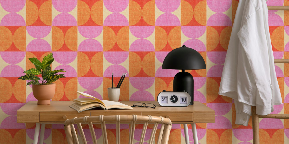 Groovy Retro 60s Geo in Pink Orange Mural by HappyWall