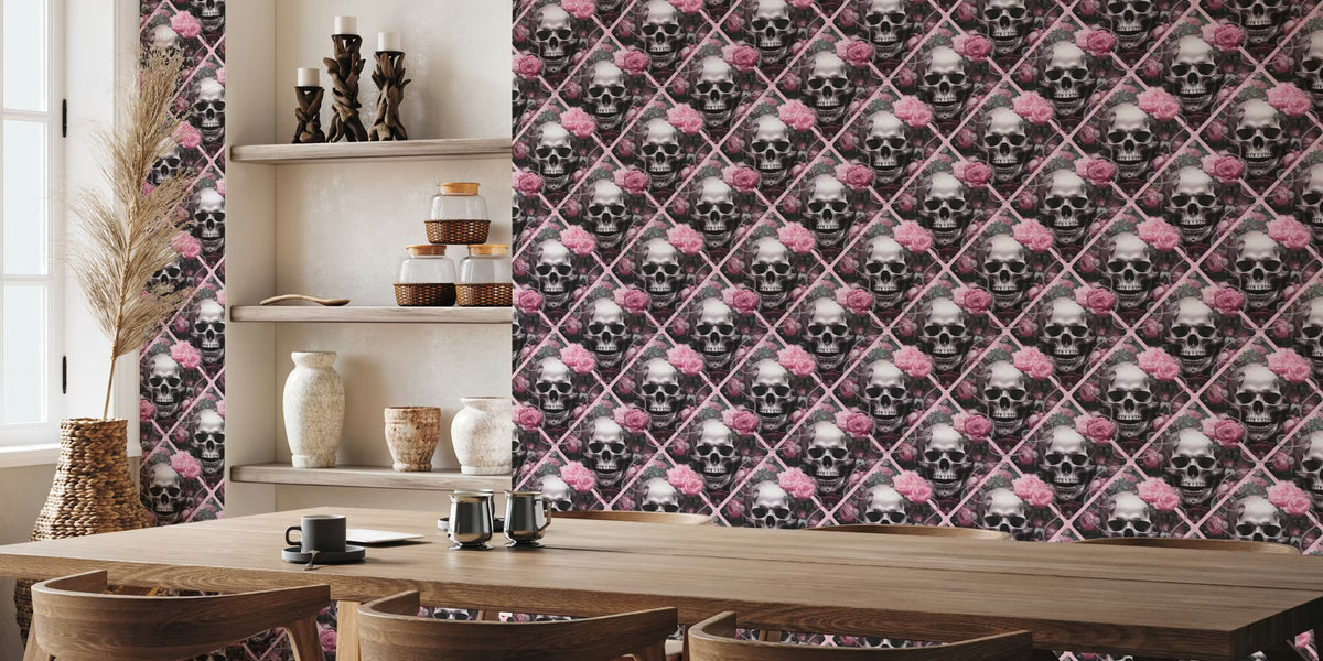 Skulls And Roses Gothic Romance Elegance Pattern Mural by HappyWall
